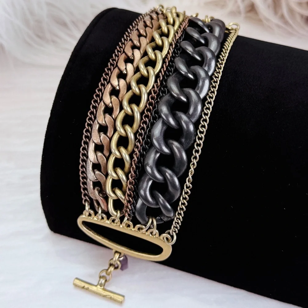 Beautiful, brushed brass tone, multi chain, wide toggle bracelet, costume